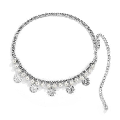 Pearl & Silvertone Coin Charm Layered Chain Waist Belt