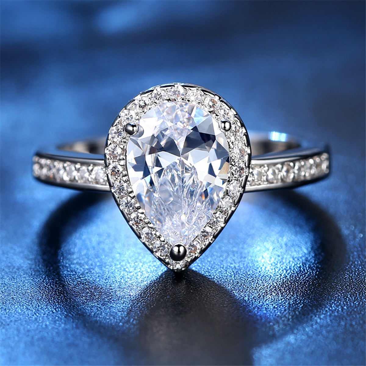 Blue Crystal & Cubic Zirconia Teardrop Halo Ring-3