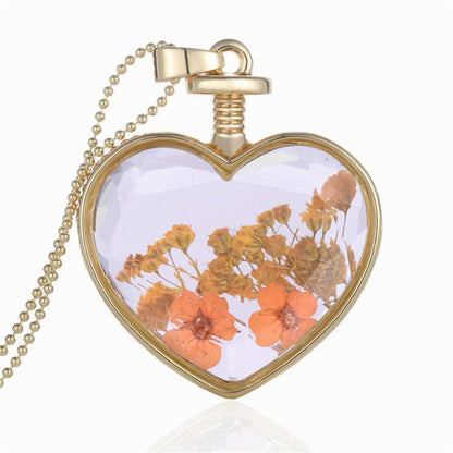 Peach Pressed Flower & Goldtone Heart Pendant Necklace-1