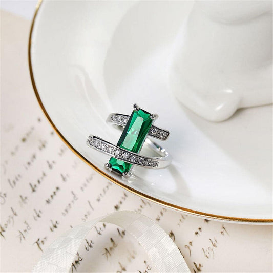 Dark Green Crystal & Cubic Zirconia Bypass Ring