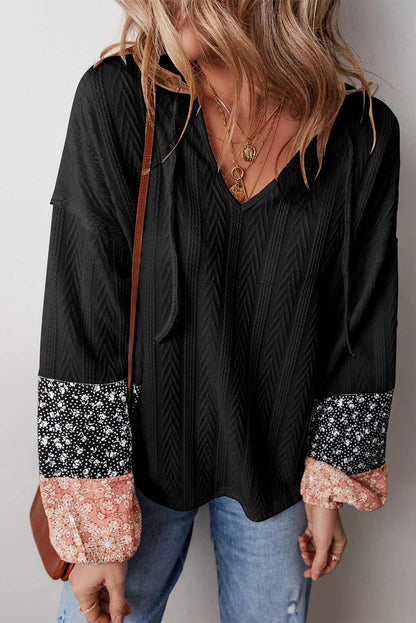 Threaded Pear Poppy Textured Knit Drawstring Blouse