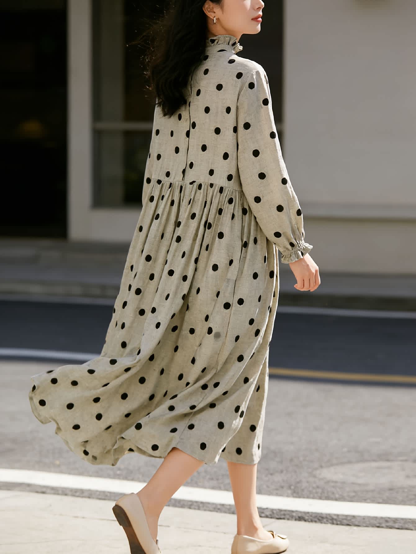 Chic YC Women's Beige Polka Dot Maxi Dress Spring Casual Loose Ruffle Neck Long-Sleeve Dress Beige / Small
