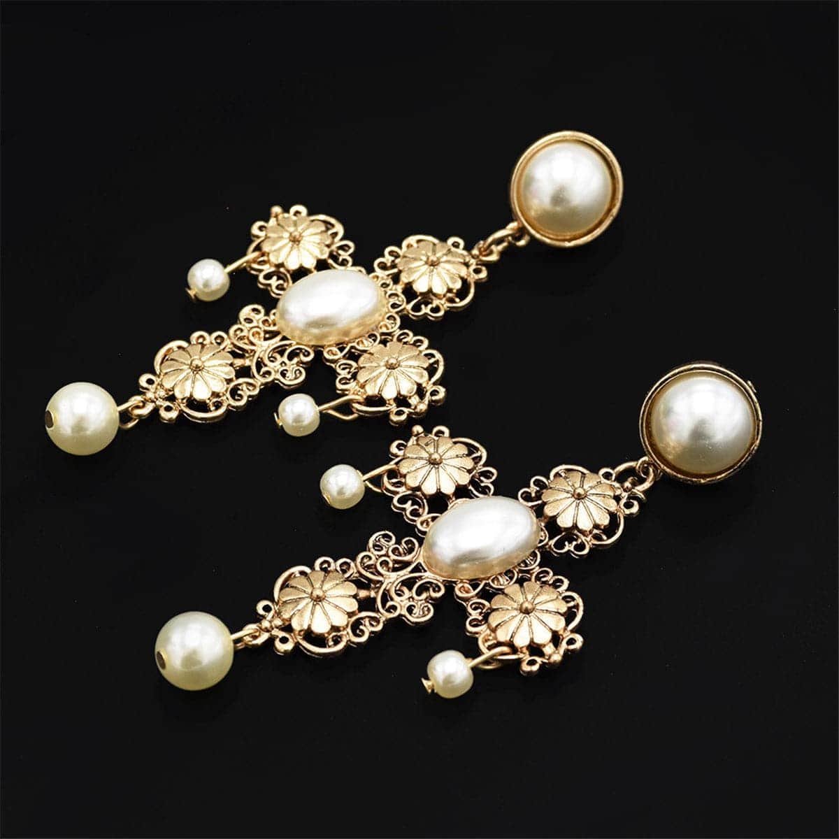 Pearl & Goldtone Floral Cross Drop Earrings