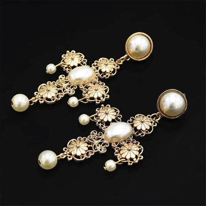 Pearl & Goldtone Floral Cross Drop Earrings