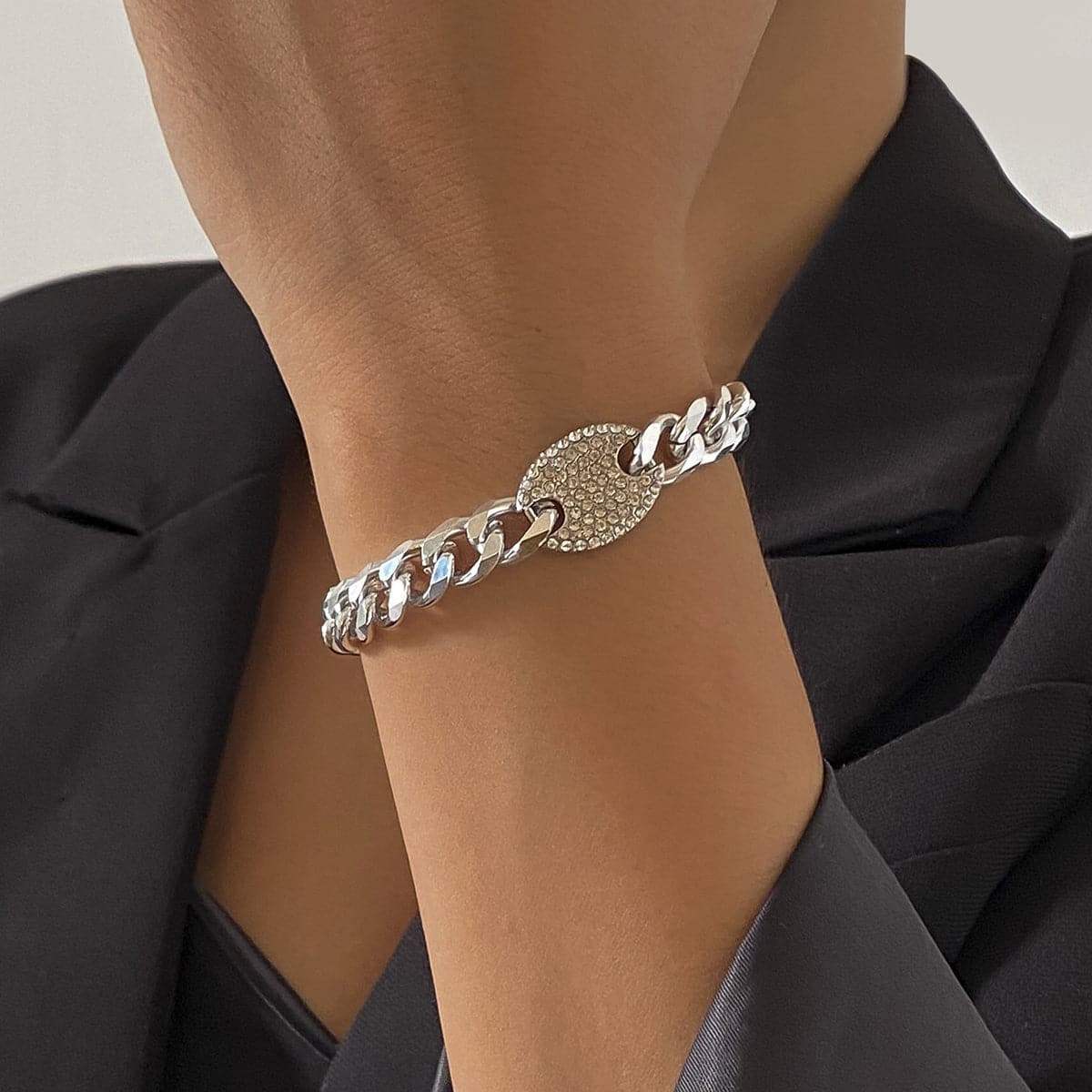 Cubic Zirconia & Silvertone Curb Chain Oval Bracelet
