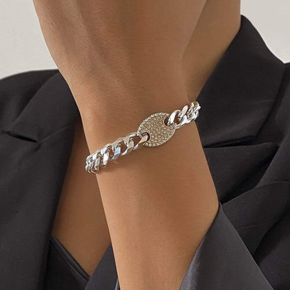 Cubic Zirconia & Silvertone Curb Chain Oval Bracelet