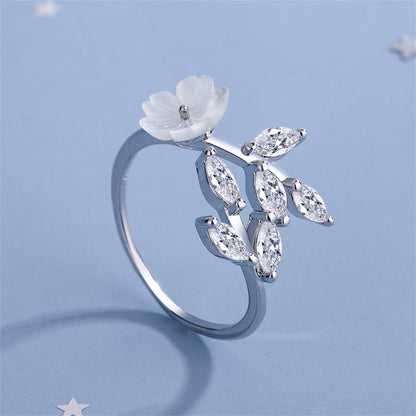 Crystal & Shell Silvertone Rattan Flower Bypass Ring