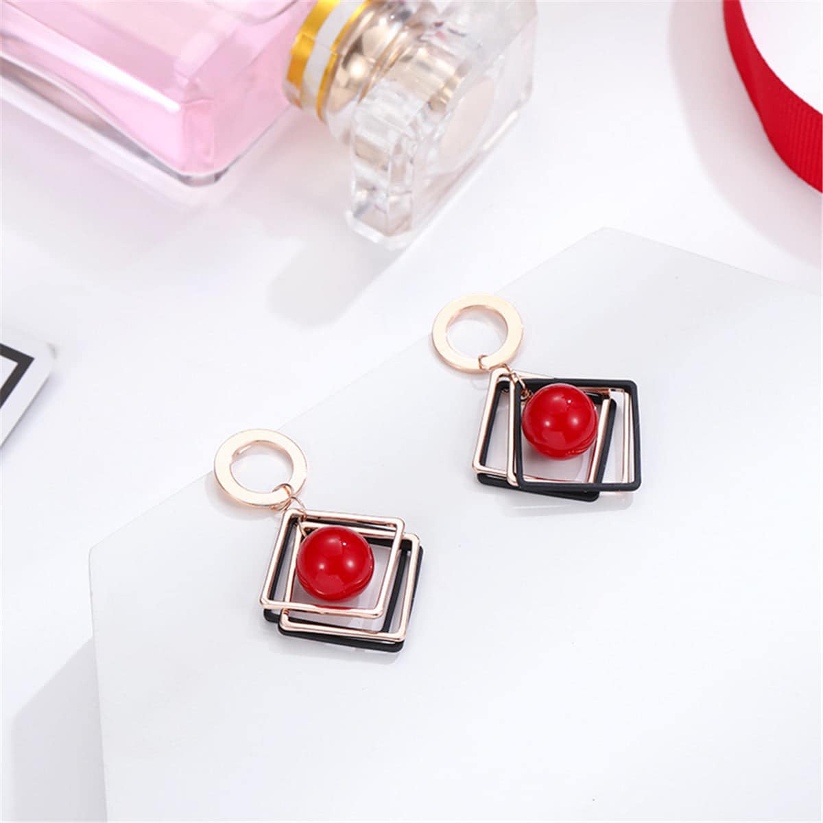 Red Pearl & Rose Goldtone Rhombus Drop Earrings