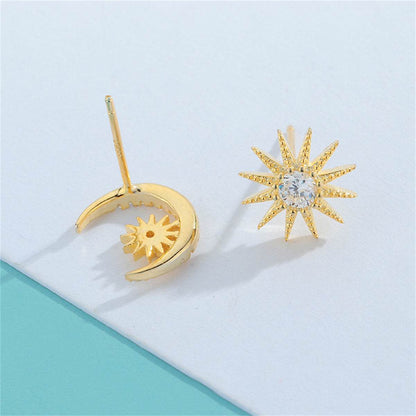 Cubic Zirconia & Goldtone Moon & Sun Stud Earrings