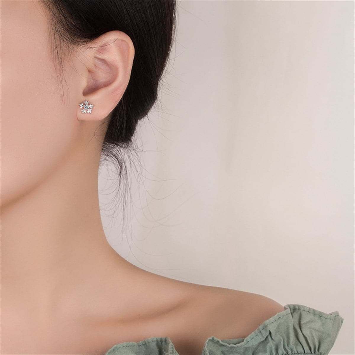Cubic Zirconia & Silvertone Brushed Snowflake Stud Earrings
