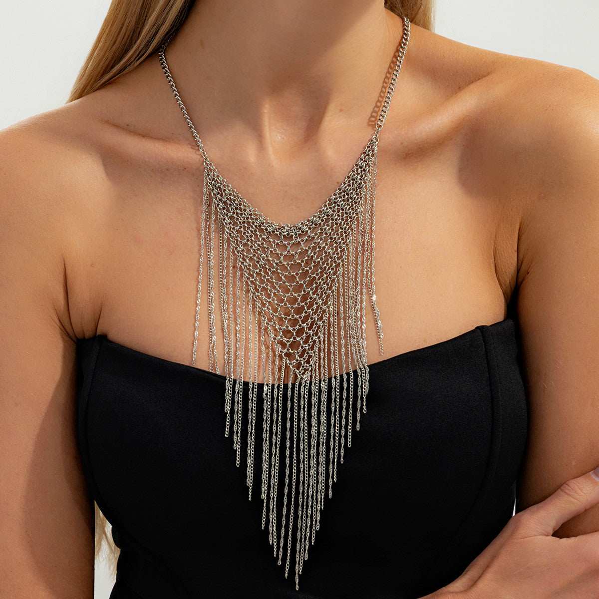 Silvertone Netted Rhombus Tassel Necklace