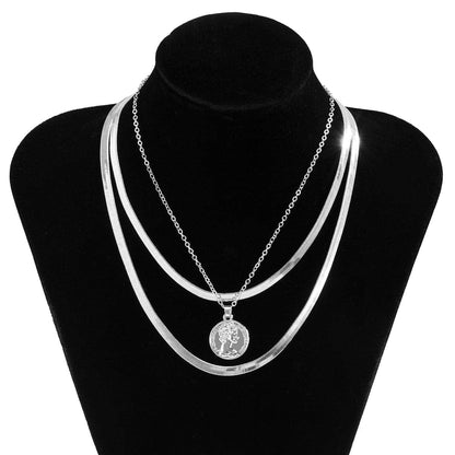 Silvertone Snake Chain Coin Pendant Necklace Set