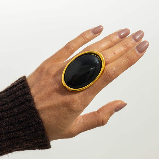 Black Resin & Goldtone Oval Statement Open Ring