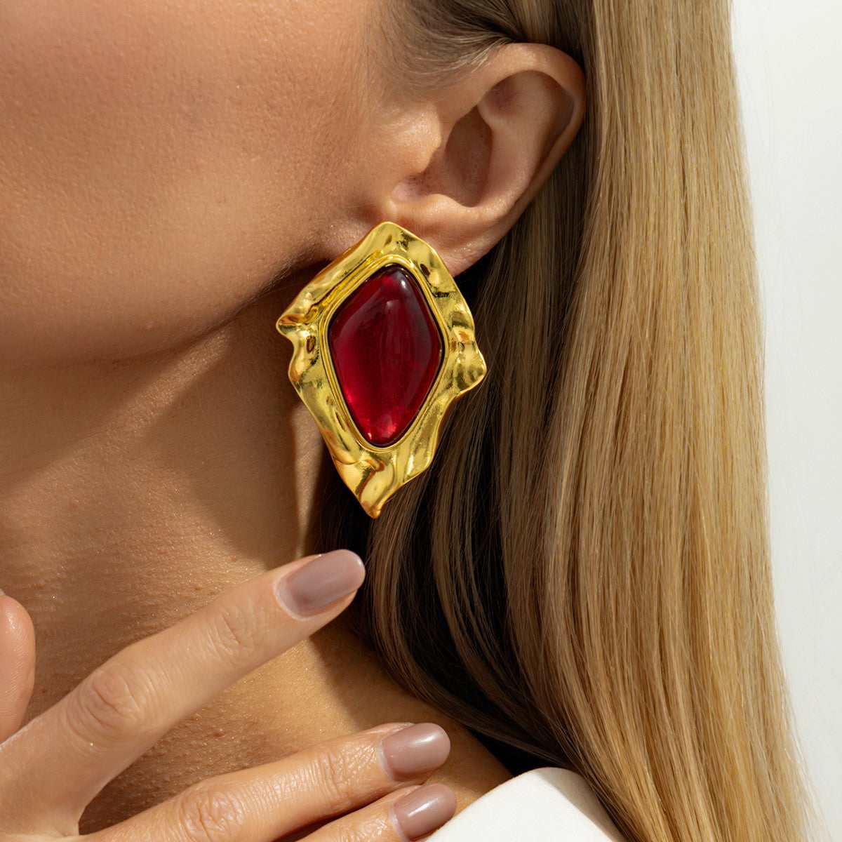 Red Resin & Goldtone Wrinkled Rhombus Stud Earrings