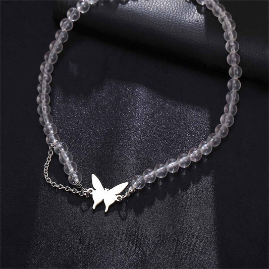 Acrylic & Silvertone Chain-Accent Butterfly Beaded Choker Necklace