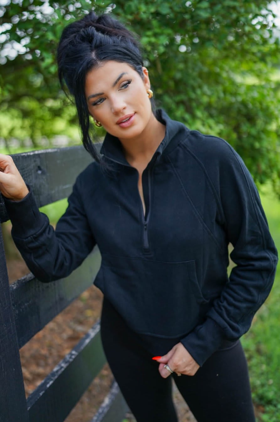 Vivienne Zip up Stand Collar Ribbed Thumbhole Sleeve Sweatshirt - Black / M - 8/10