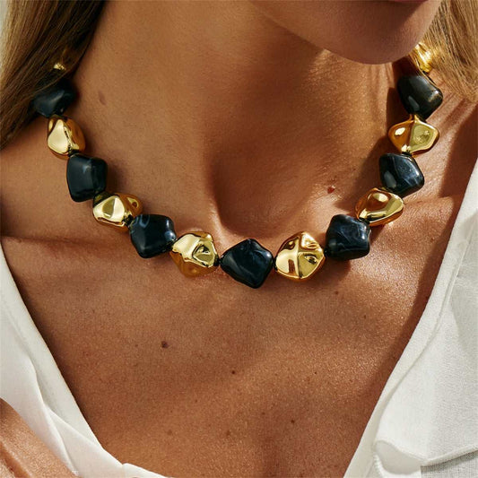 Black Resin & Goldtone Irregular Rhombus Station Collar Necklace