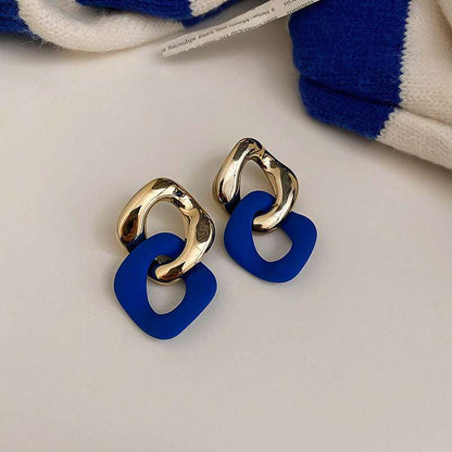 Blue Enamel & Goldtone Interlocked Rhombus Drop Earrings