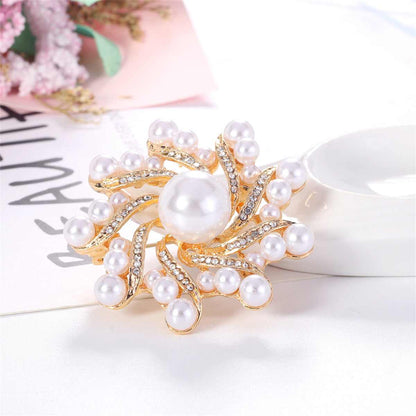 Clear Cubic Zirconia & Pearl Goldtone Vortex Brooch