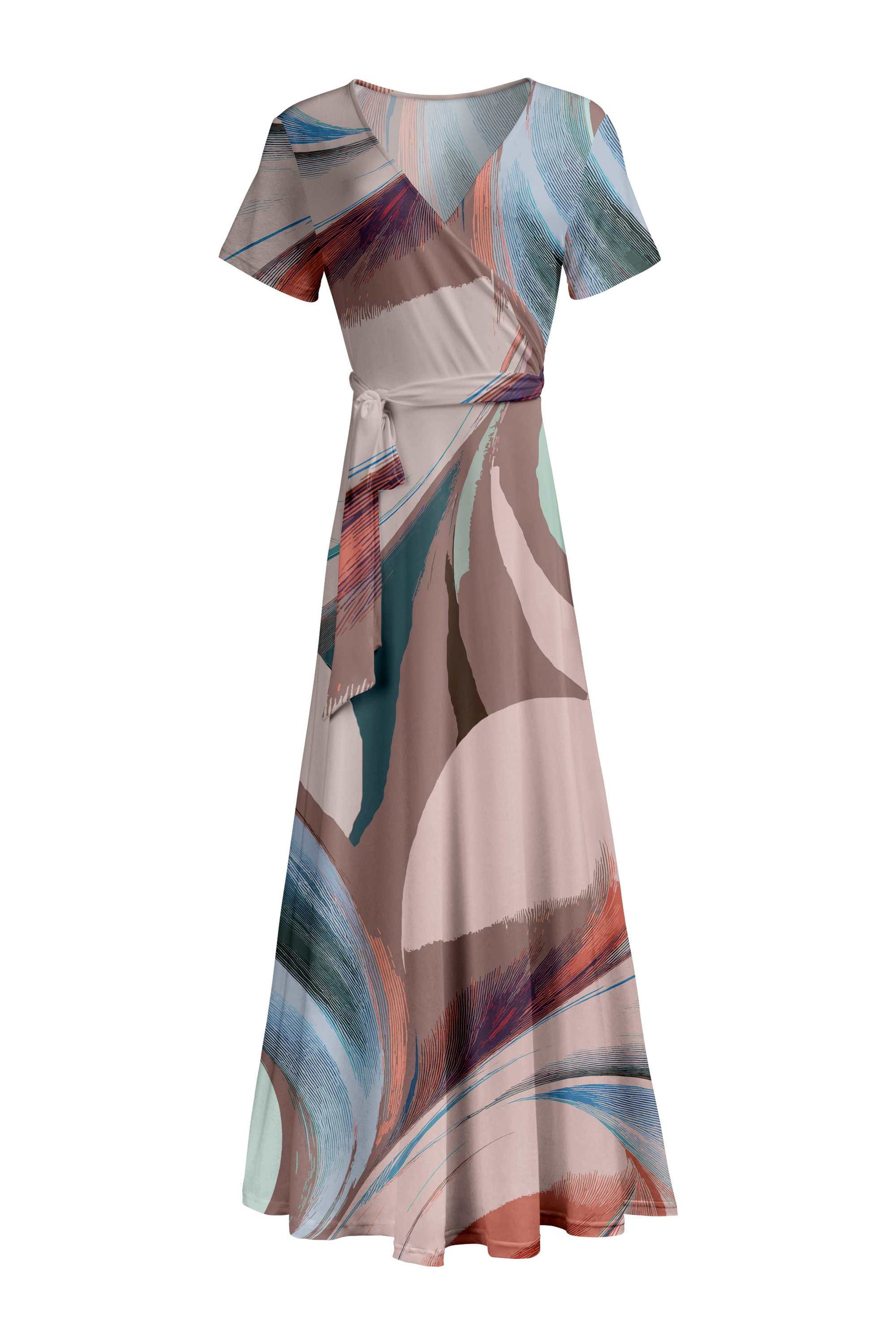 Lily by Firmiana Women's Short Sleeve Wrap-Style Maxi Dress with Tie Blue & Taupe Brushstroke Abstract Blue & Taupe Brushstroke Abstract / 2XL Lily by Firmiana Women's Short Sleeve Wrap-Style Maxi Dress with Tie Blue & Taupe Brushstroke Abstract Blue & Taupe Brushstroke Abstract / 2XL
