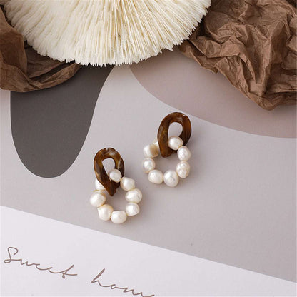 Pearl & Brown Resin Silvertone Beaded Drop Earrings