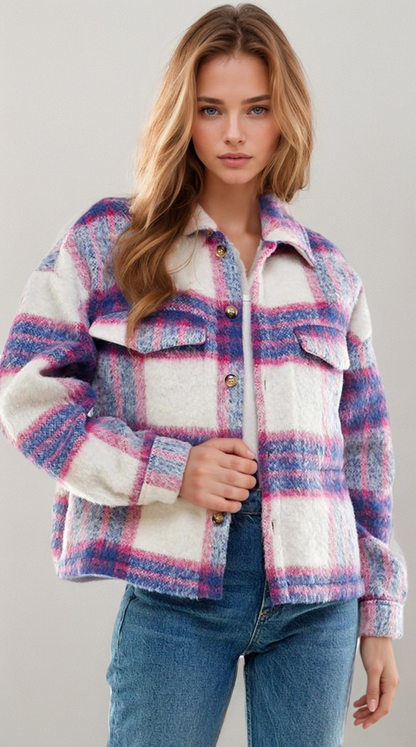 Soulful Serenity Denim Blue and Pink Brushed Plaid Shacket