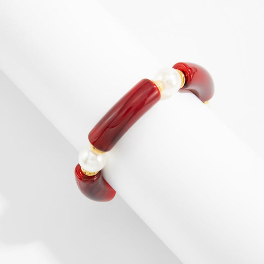 Wine Red Resin & Pearl Goldtone Sequin Joint Stretch Bracelet