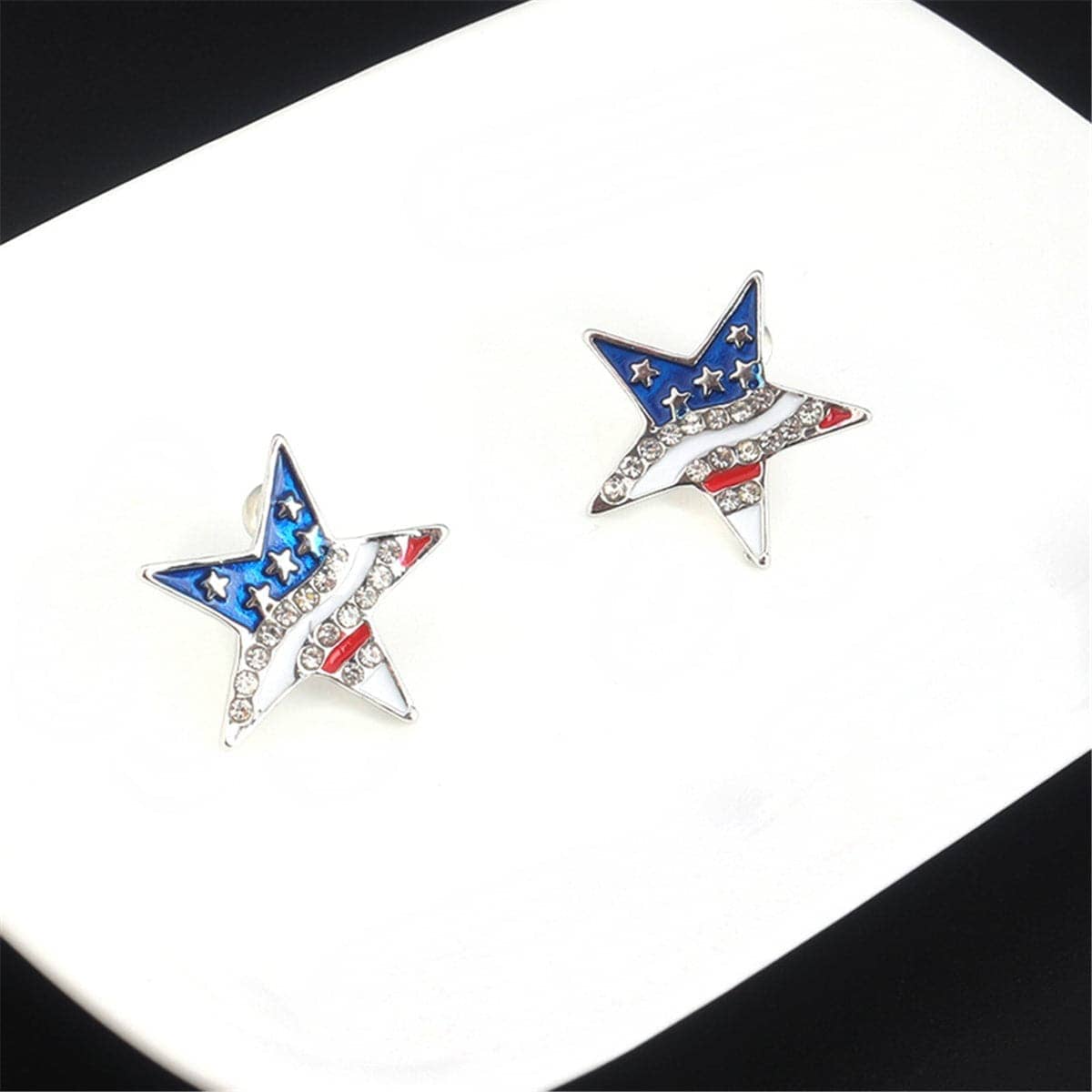 Cubic Zirconia & Silvertone American Flag Star Stud Earrings