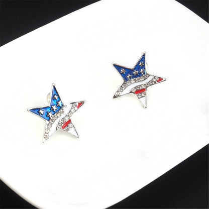 Cubic Zirconia & Silvertone American Flag Star Stud Earrings