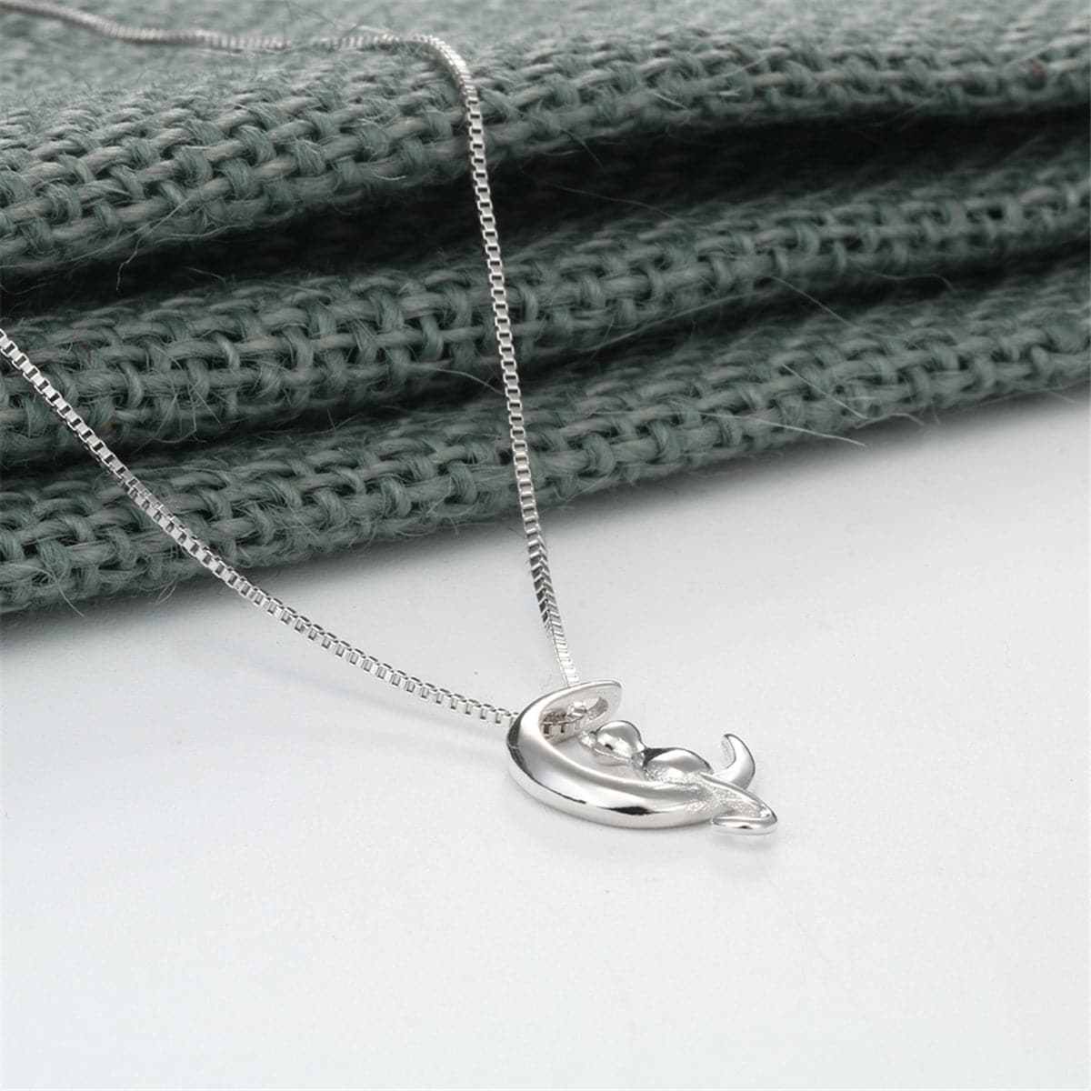 Sterling Silver Moon & Cat Pendant Necklace