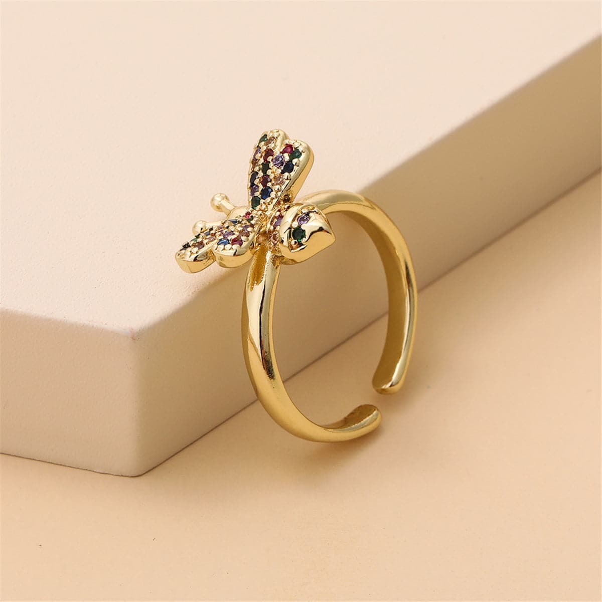 Rainbow Cubic Zirconia & Goldtone Bee Open Ring