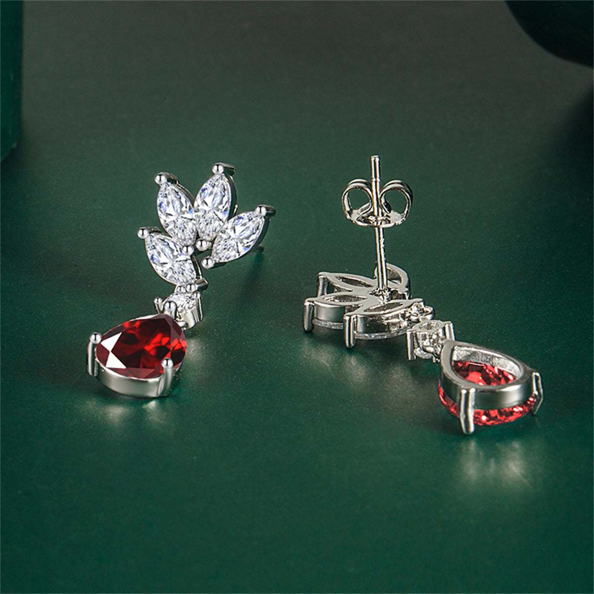 Cubic Zirconia & Red Crystal Botanical Drop Earrings