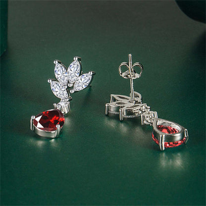 Cubic Zirconia & Red Crystal Botanical Drop Earrings
