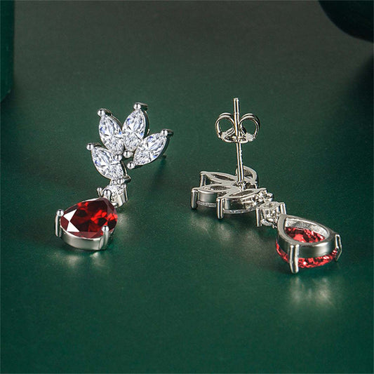 Cubic Zirconia & Red Crystal Botanical Drop Earrings