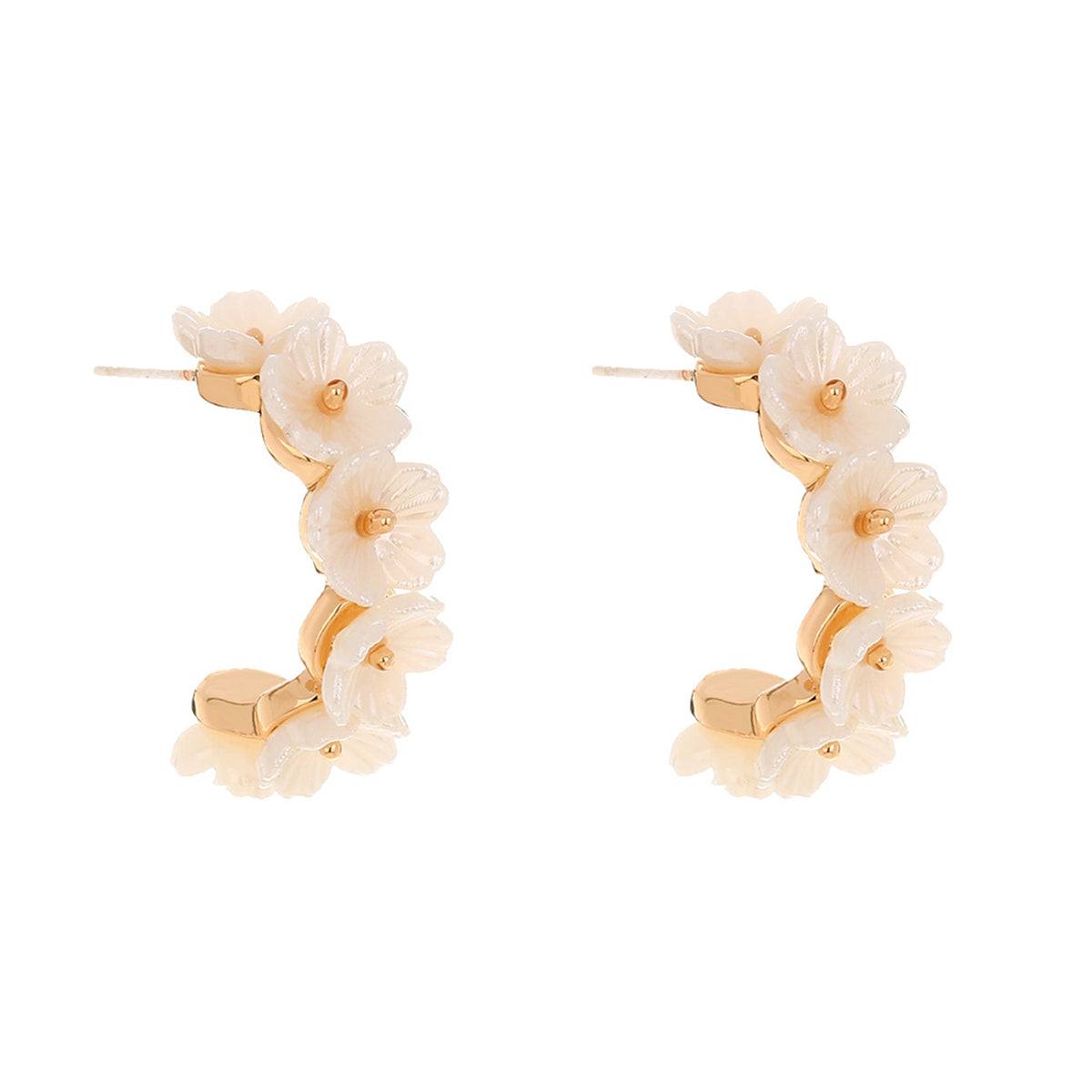 White Acrylic & Goldtone Flower Huggie Earrings