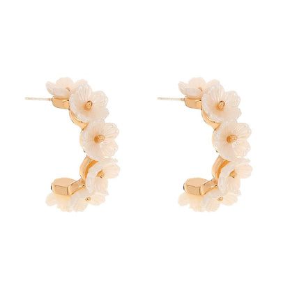 White Acrylic & Goldtone Flower Huggie Earrings