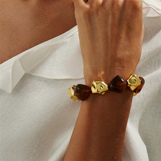 Coffee Resin & Goldtone Irregular Beads Station Stretch Bracelet