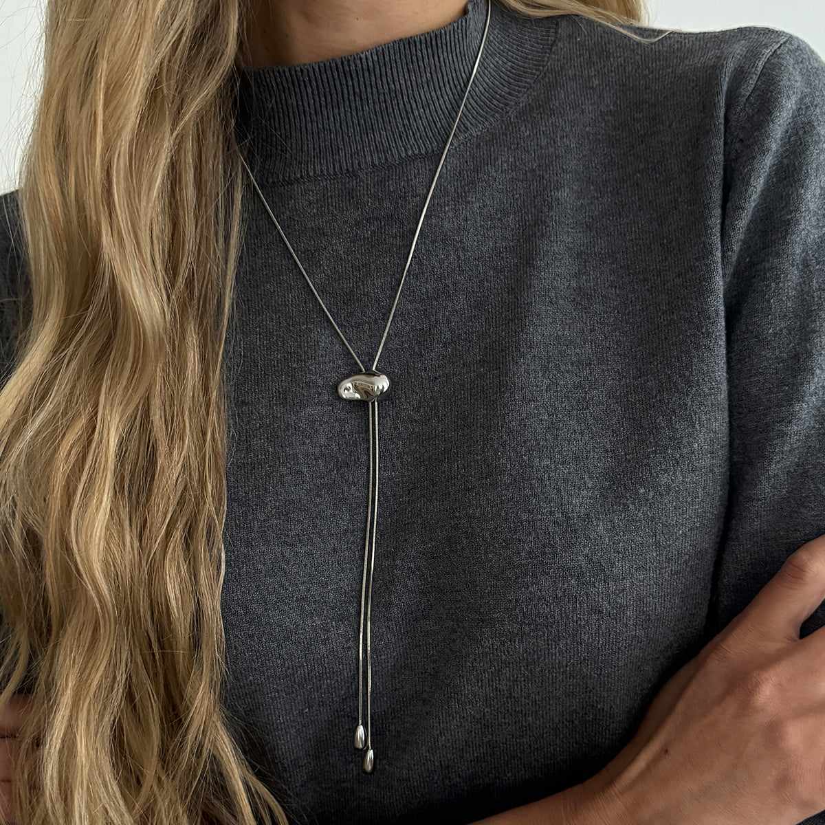 Silvertone Drop Tassel Lariat Necklace