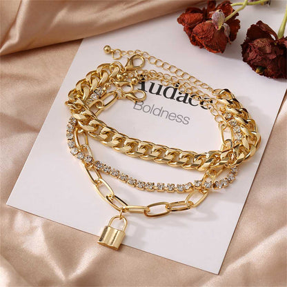Cubic Zirconia & Goldtone Cable Chain Lock Anklet Set
