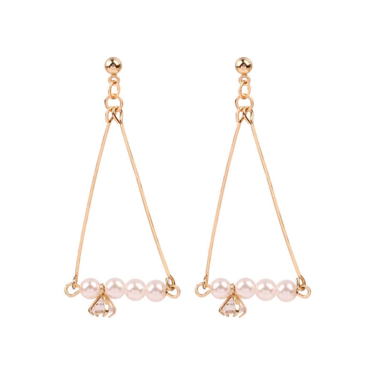 Pearl & Goldtone Charm Open Triangle Drop Earrings