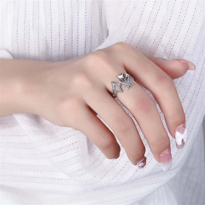 Cubic Zirconia & Silvertone Star Open Layered Ring