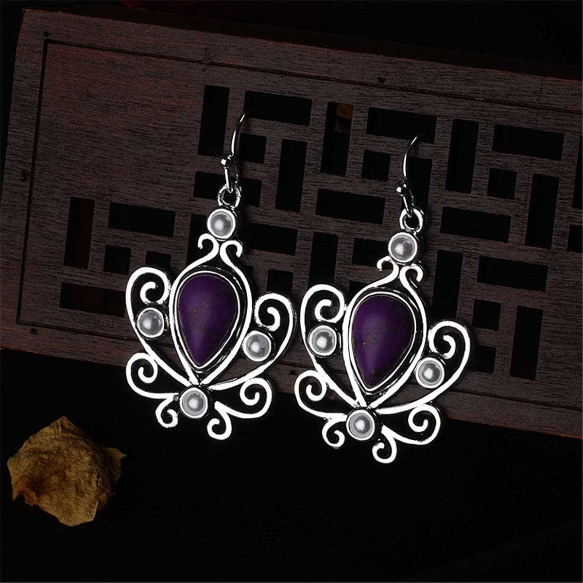 Purple Turquoise & Pearl Pear Cut Drop Earrings