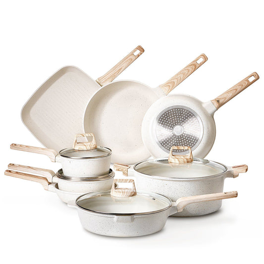 VEVOR 19 Piece Pots and Pans Set Granite Nonstick Kitchen Cookware Induction White - White
