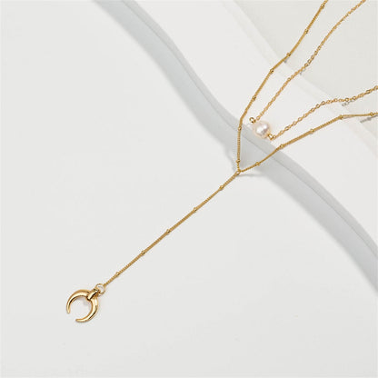 Pearl & Goldtone Moon Drop Layered Necklace