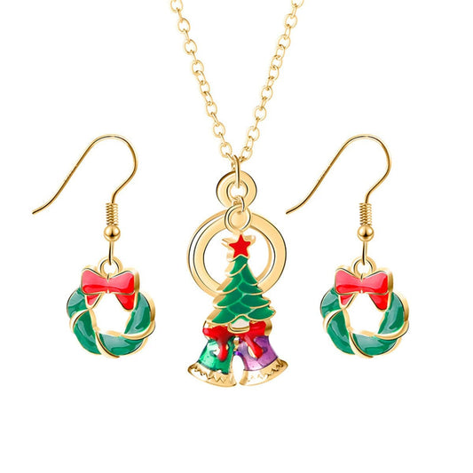 Green Enamel & Goldtone Wreath Earrings & Pendant Necklace