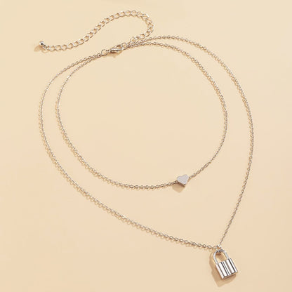 Silvertone Heart & Lock Layered Pendant Necklace-3