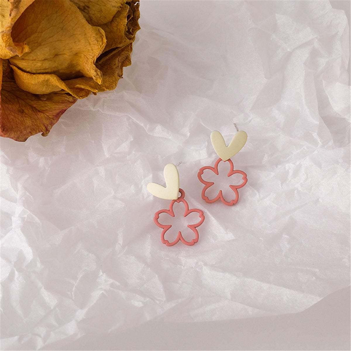 Pink Enamel & Goldtone Heart Flower Drop Earrings
