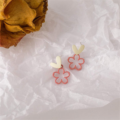 Pink Enamel & Goldtone Heart Flower Drop Earrings