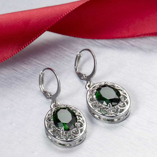 Green Crystal & Silvertone Floral Drop Earrings
