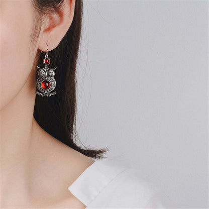 Red Crystal & Silvertone Owl Drop Earrings